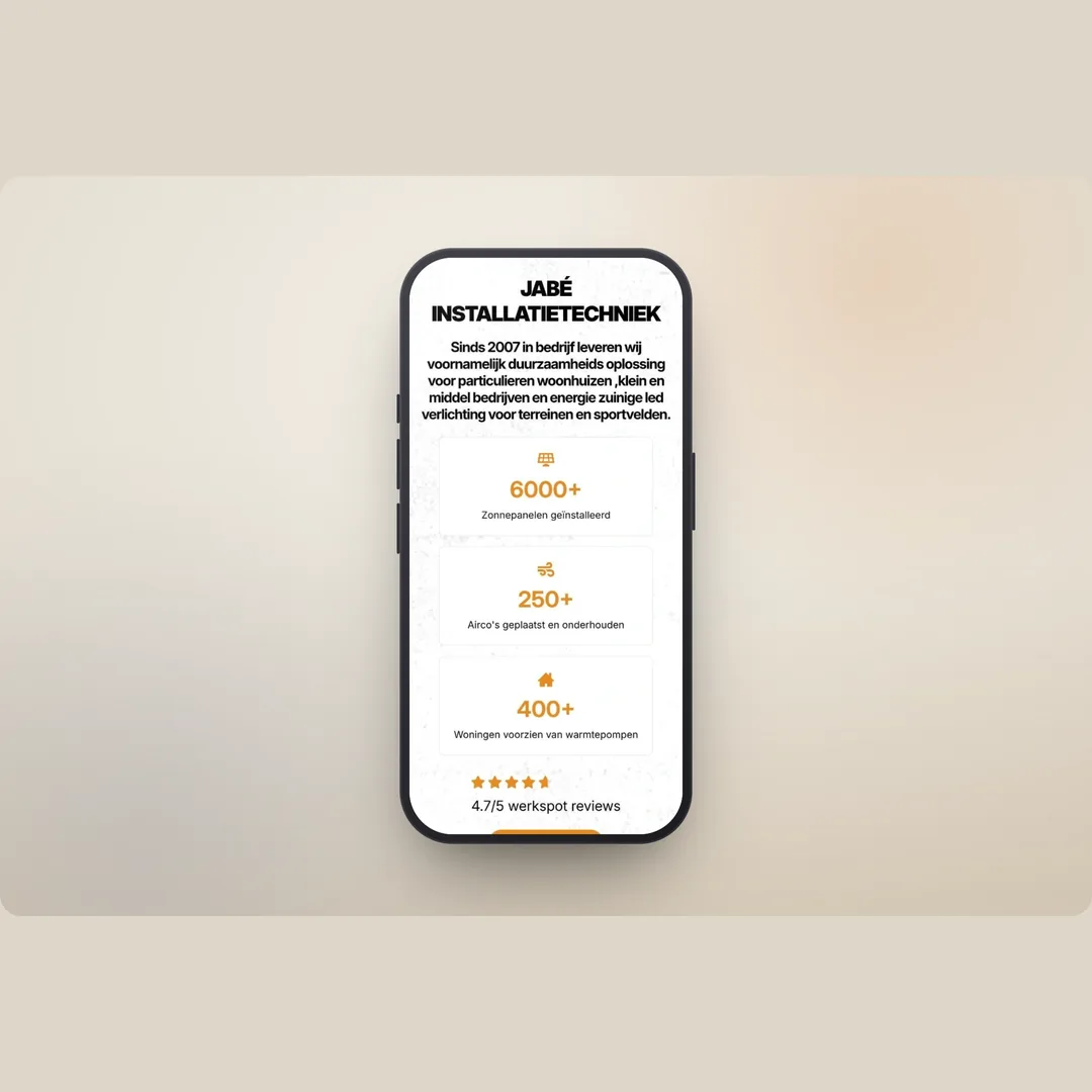 Website van Jabé Installatietechniek op mobiel