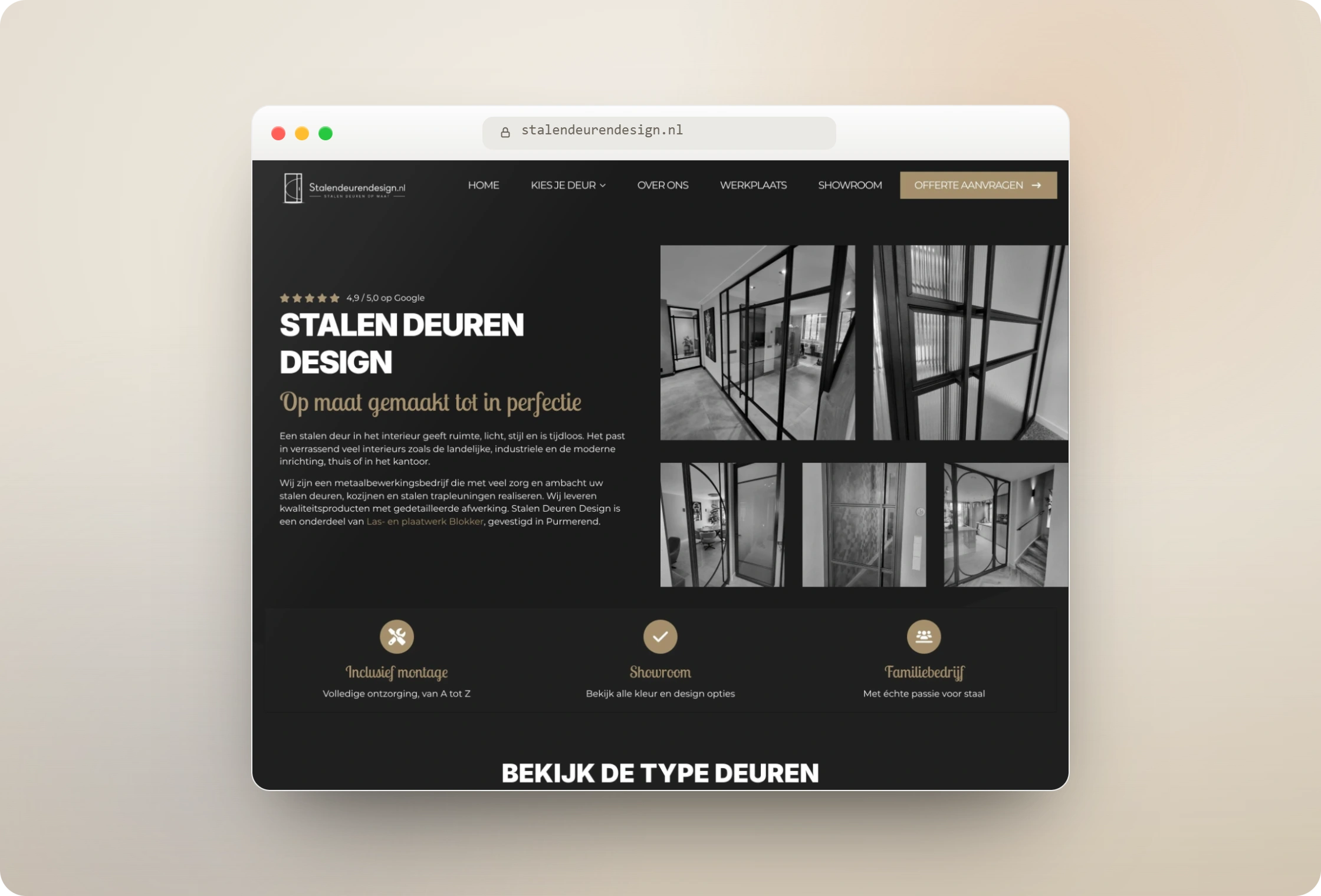 Website van Stalen Deuren Design op desktop