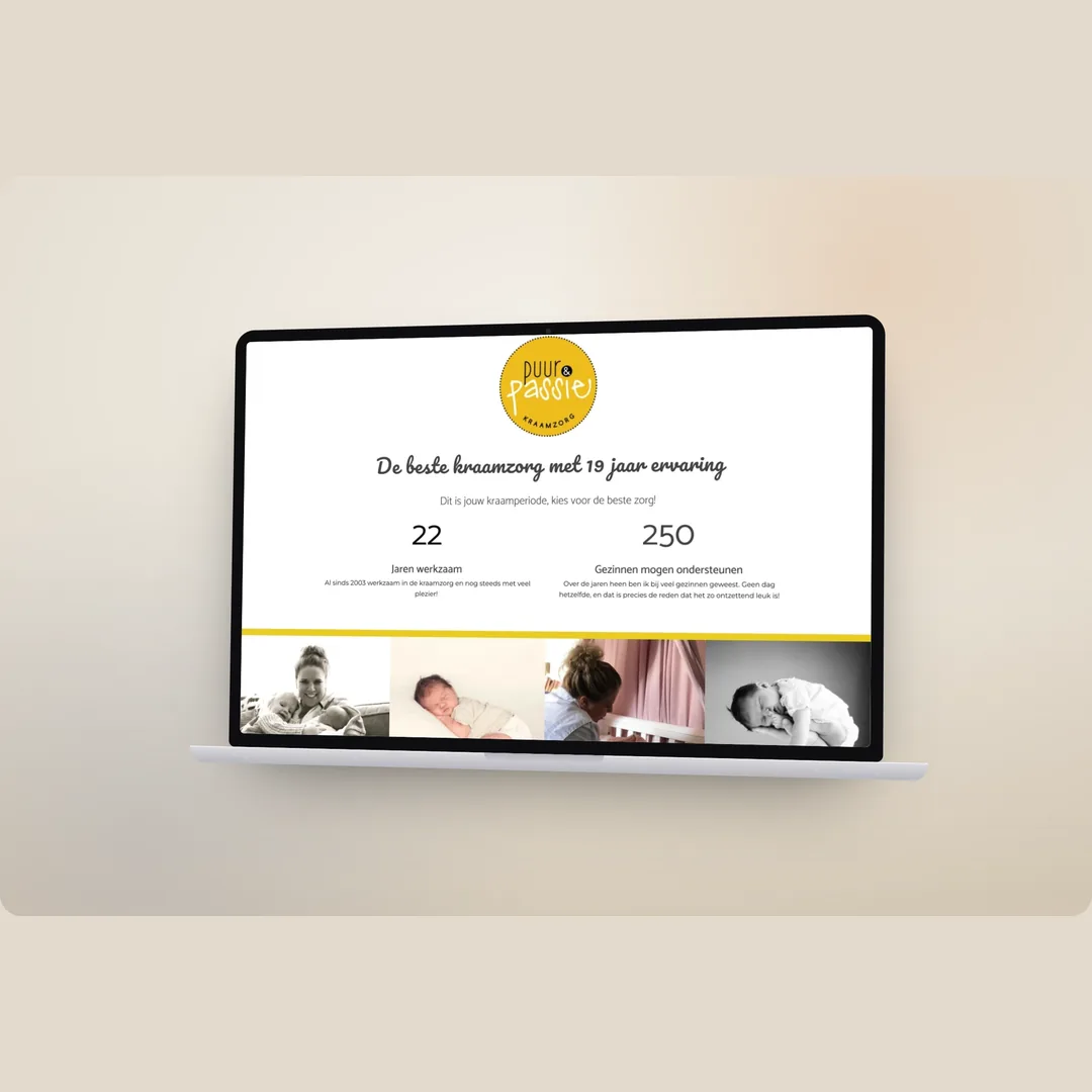 Website van Puur & Passie Kraamzorg op laptop